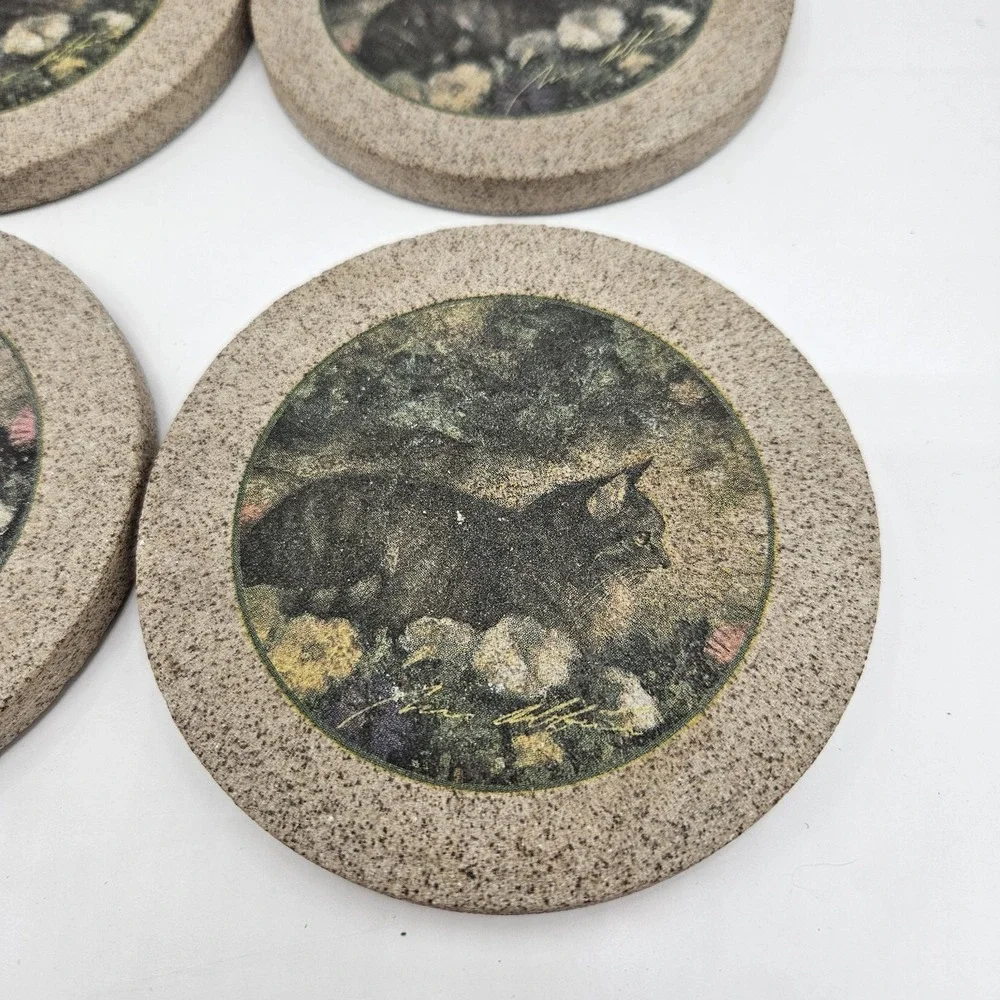 4 Vintage Cat Coasters Natural Sandstone Cork Back *heavy* Grandma Core